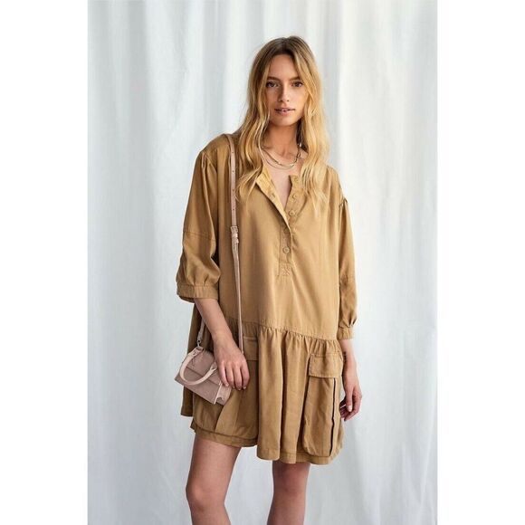 NWT FREE PEOPLE Sz S WASHED I’M A DREAMER DRESS HENLEY RUFFLE MINI DRESS BEIGE - Picture 1 of 3